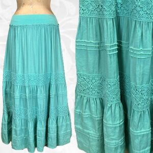 VINTAGE ruffle crochet lace long linen skirt seafoam turquoise elastic waist y2k